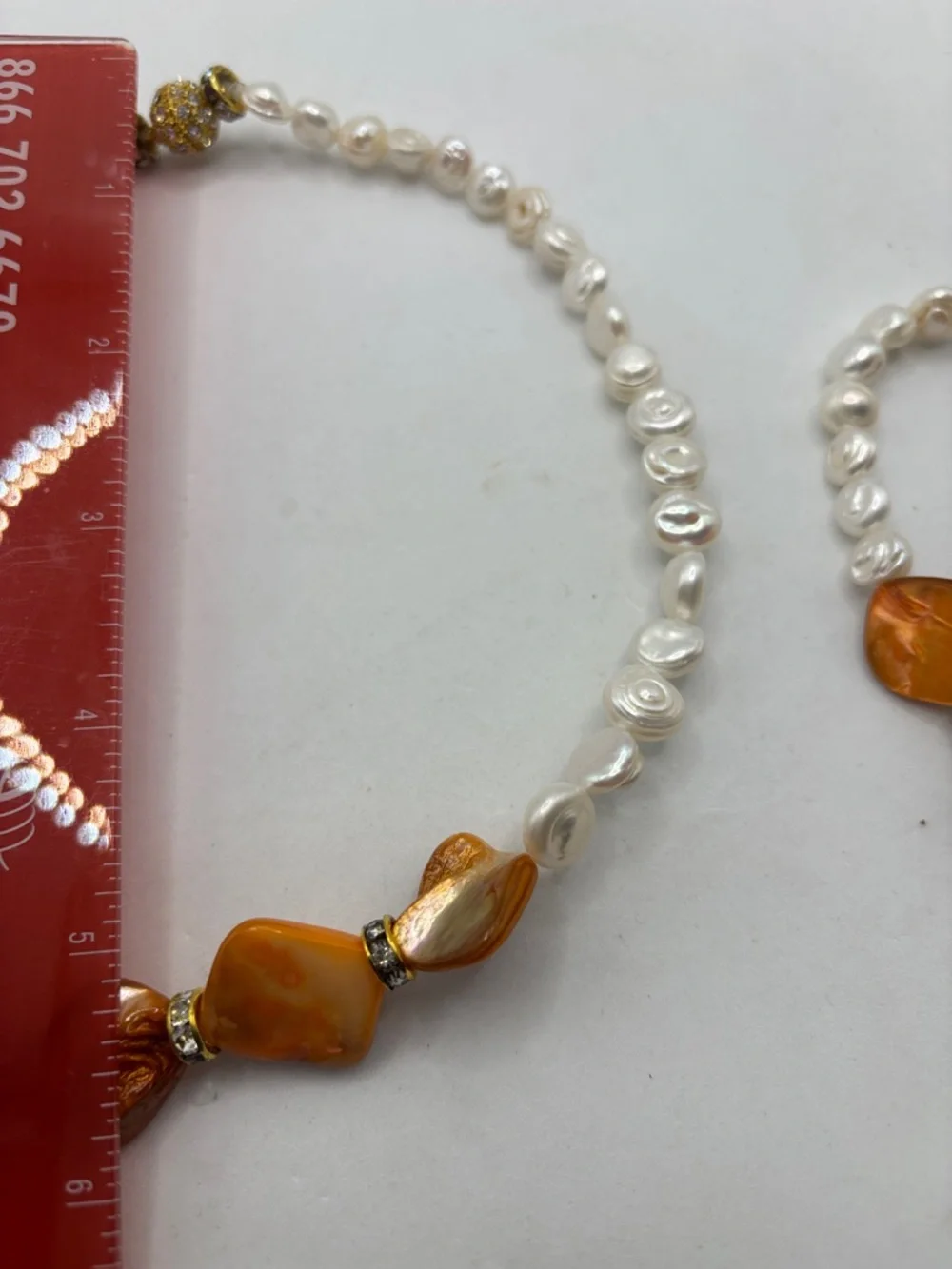 VTG Artisan necklace white freshwater baroque pearls w/orange mother of pearl - Picture 7 of 10